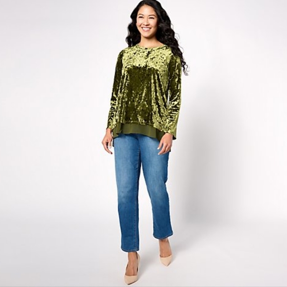 LOGO by Lori Goldstein Knit Crushed Velvet Top w/ Chiffon Hem  Size Med NWOT - Picture 4 of 8